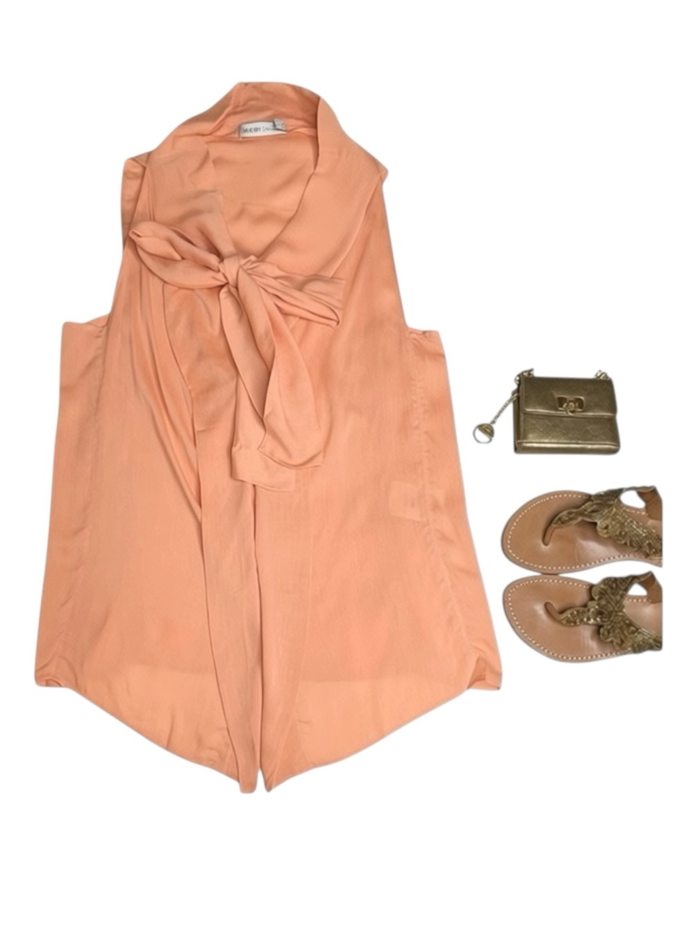See by Chloe ༻ Pussy Bow Silk Crepe Crepon Sleeveless Top ༻Coral Pink Orange ༻ 6 - Picture 4 of 16